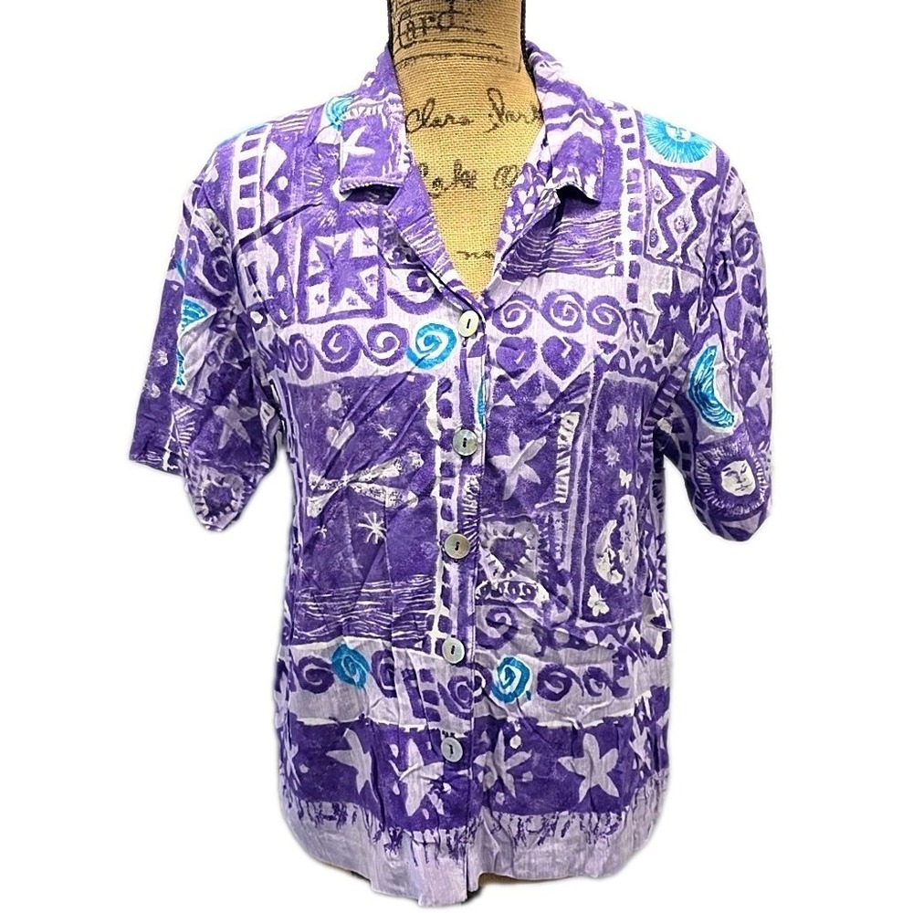 Vtg Teddi Button Up Blouse sz M Purple Abstract Print Short Sleeve Coastal Core